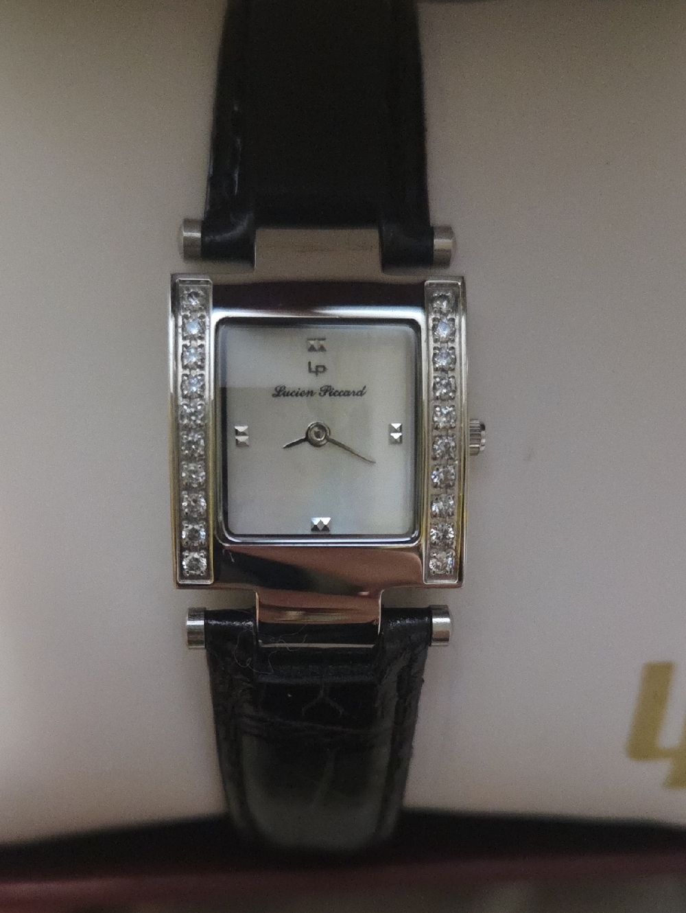 Lucien Piccard Silver Crystal-Trim Rectangular Watch with Black Strap
